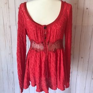 FREE PEOPLE lace detail, coral, button blouse